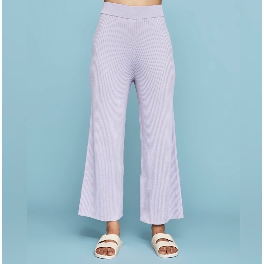 Carbon38 Women Lavender Purple Ribbed Knit Wide Leg High Rise Pants Small